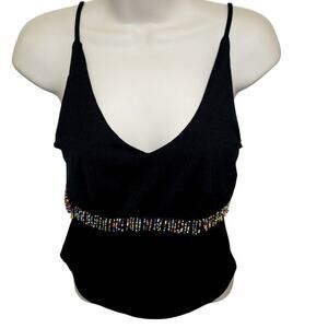 Entrance Y2K Black Beaded Cami Tank Top Spaghetti Strap Festival Clubwear Large